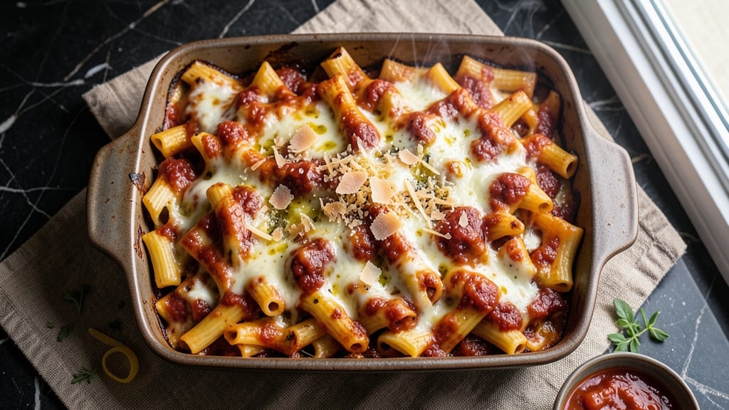 Baked Cheese Mostaccioli Recipe: Triple-Cheese Twists With Crispy Golden Edges