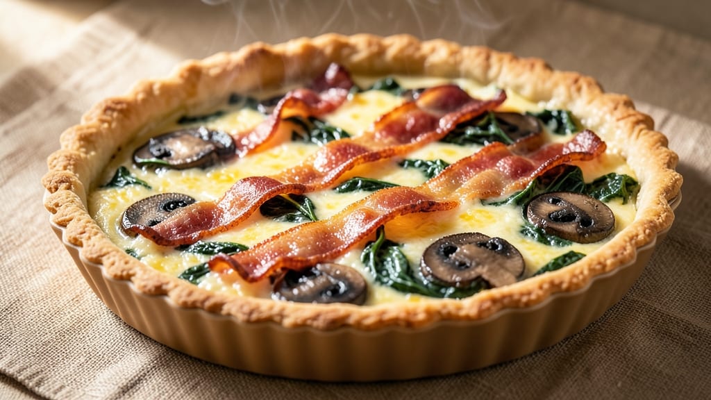 Bacon Mushroom Spinach Cheese Quiche Recipe: Golden Crust With Savory Layers