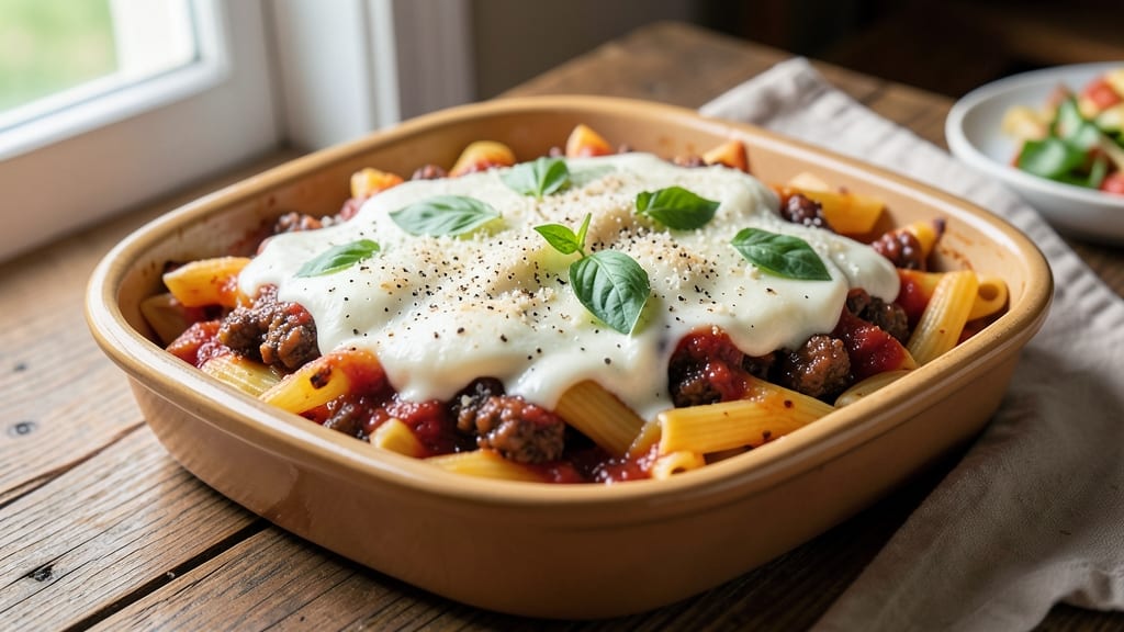 Baked Ziti Recipe with Ricotta and Mozzarella Cheese and Meat: Triple-Layered Cheese Pull Magic