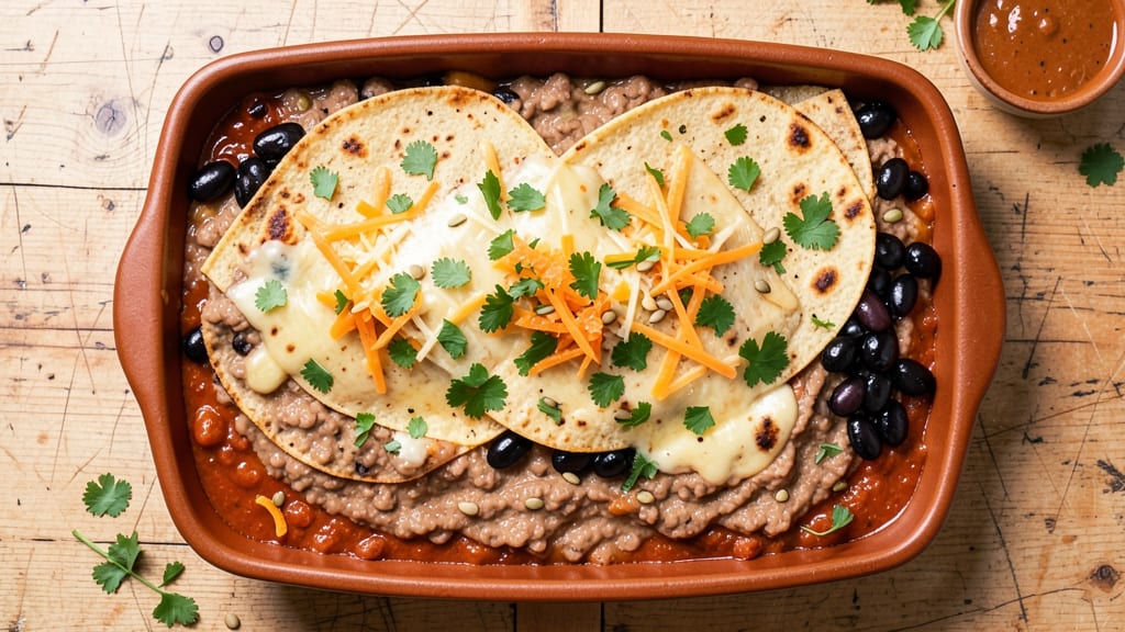 Bean and Cheese Enchilada Casserole Recipe: Crispy Tortilla Layers Hugging Melted Queso