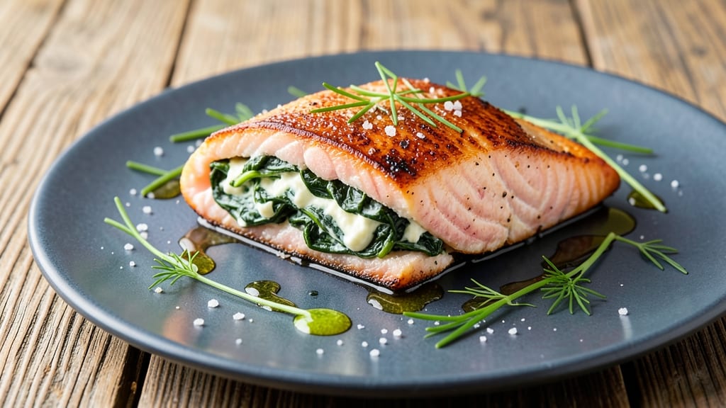 Baked Salmon Stuffed With Spinach and Cream Cheese Recipe: Flaky Fish With Herby Cream Cheese Filling