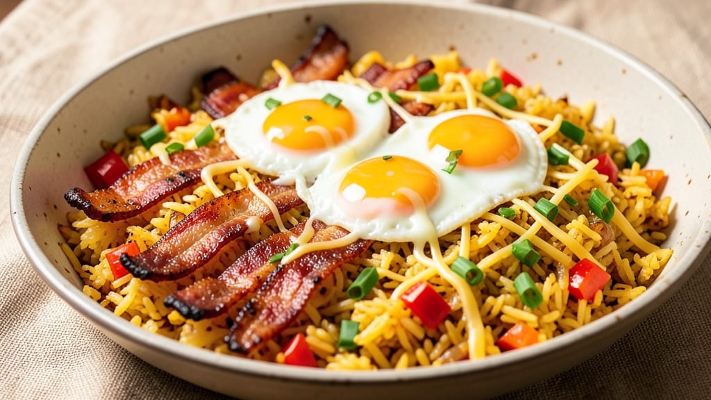 Bacon Egg and Cheese Fried Rice Recipe: Crispy Bacon Bites and Fluffy Scrambled Eggs