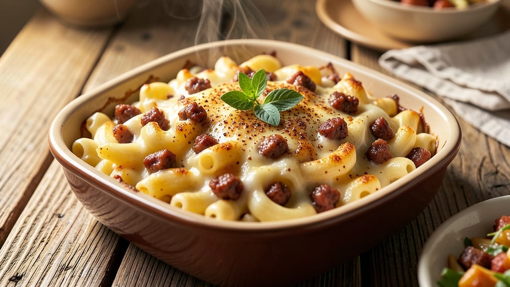 Baked Mac and Cheese With Sausage Recipe: Crispy Top, Melty Cheese, and Smoky Sausage Layers