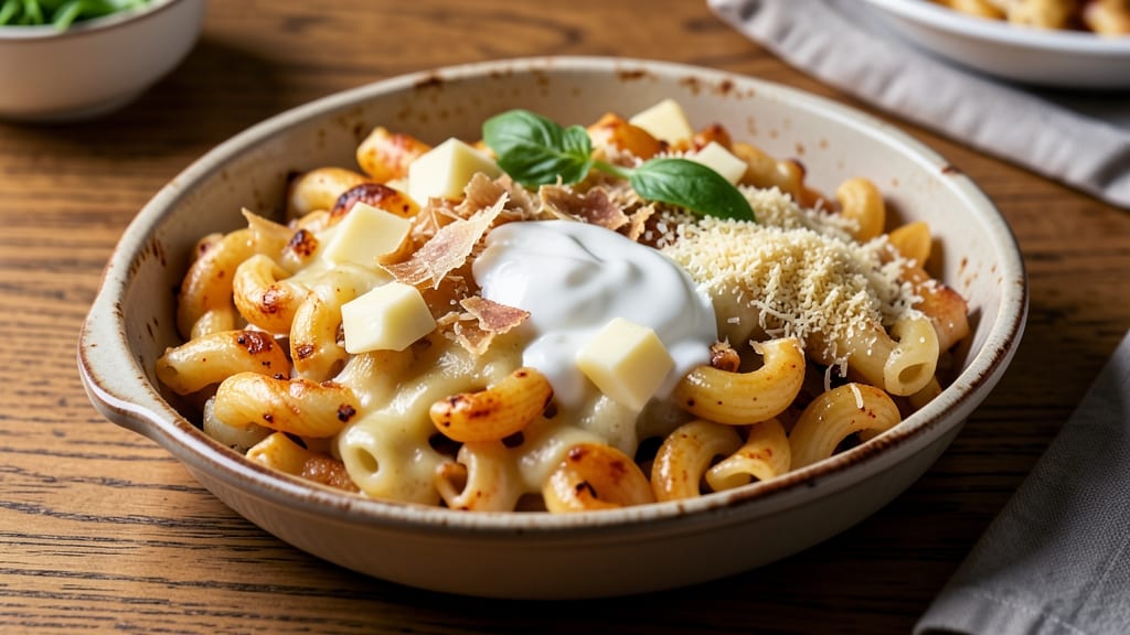 Baked Macaroni and Three Cheese Recipe: Triple-Cheese Luxe With Crispy Top