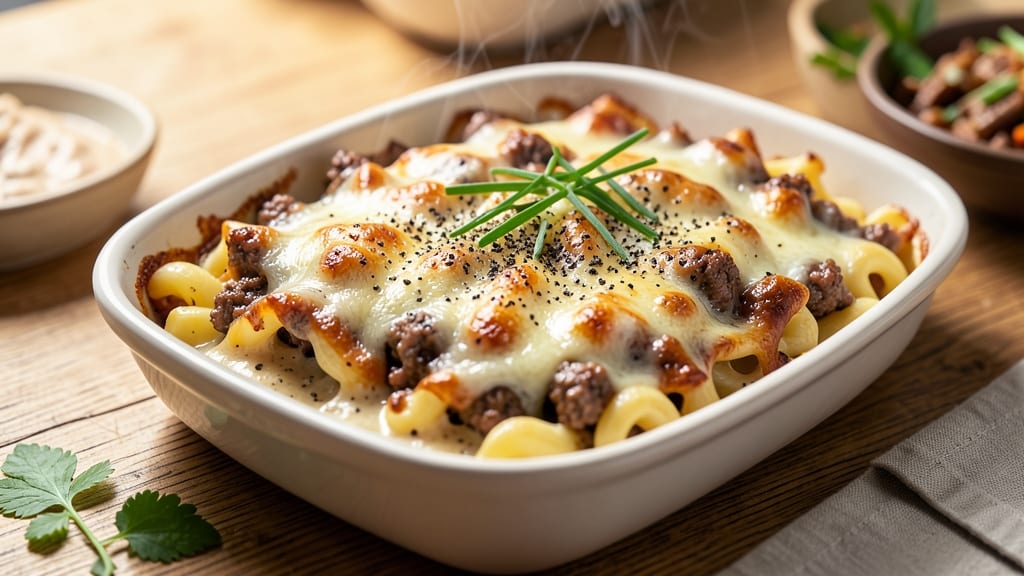 Baked Mac and Cheese With Beef Recipe: Hearty One-Pan Dinner With Crispy Top