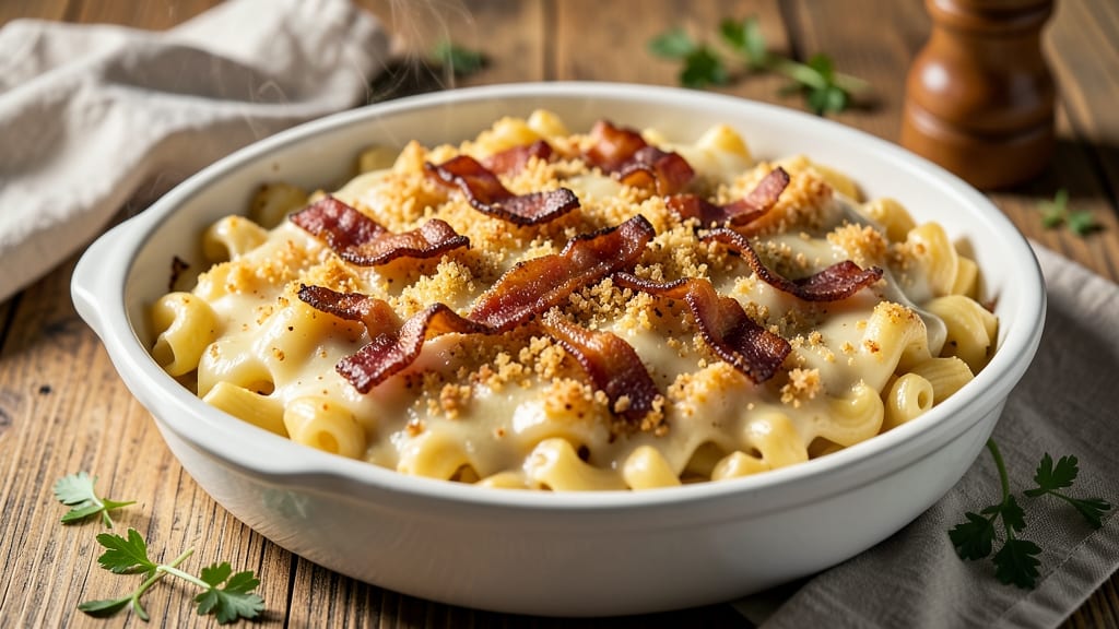 Baked Mac and Cheese Recipe with Bread Crumbs and Bacon: Crispy-Topped Luxury in One Bowl