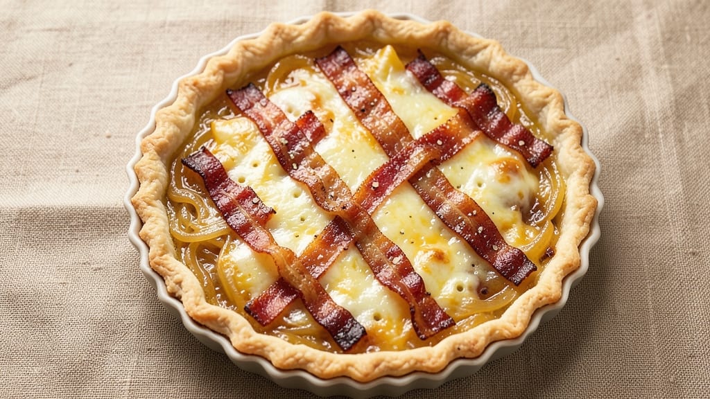Bacon, Cheese, and Onion Quiche Recipe: Flaky Crust Filled With Smoky, Melty Layers