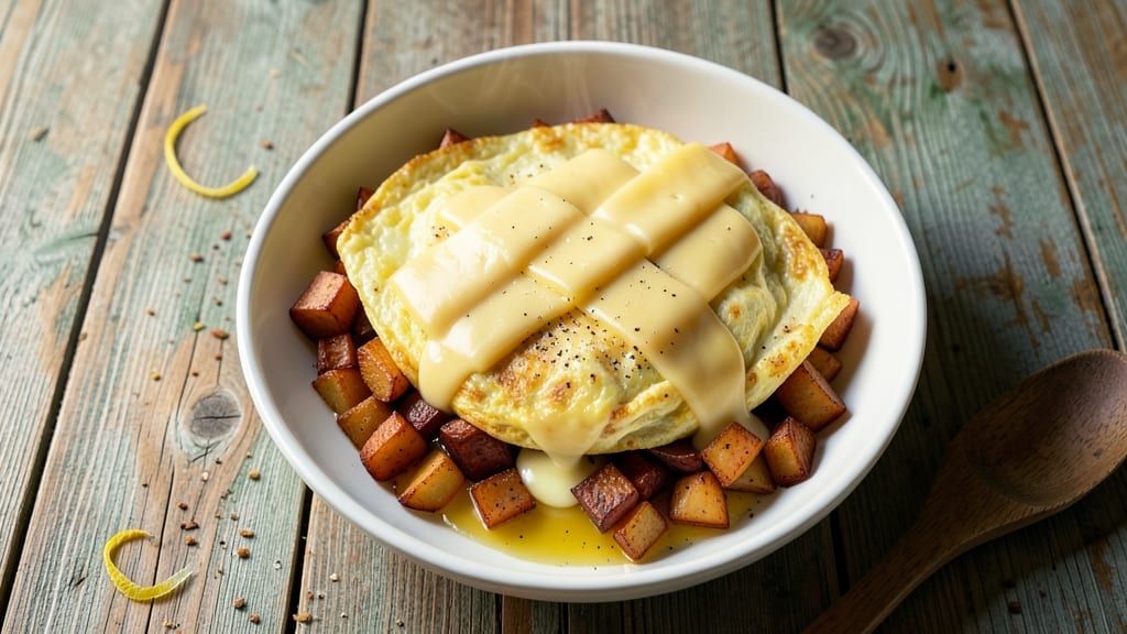 American Cheese Omelette Recipe: Melty String Cheese and Crispy Potato Hash Twist