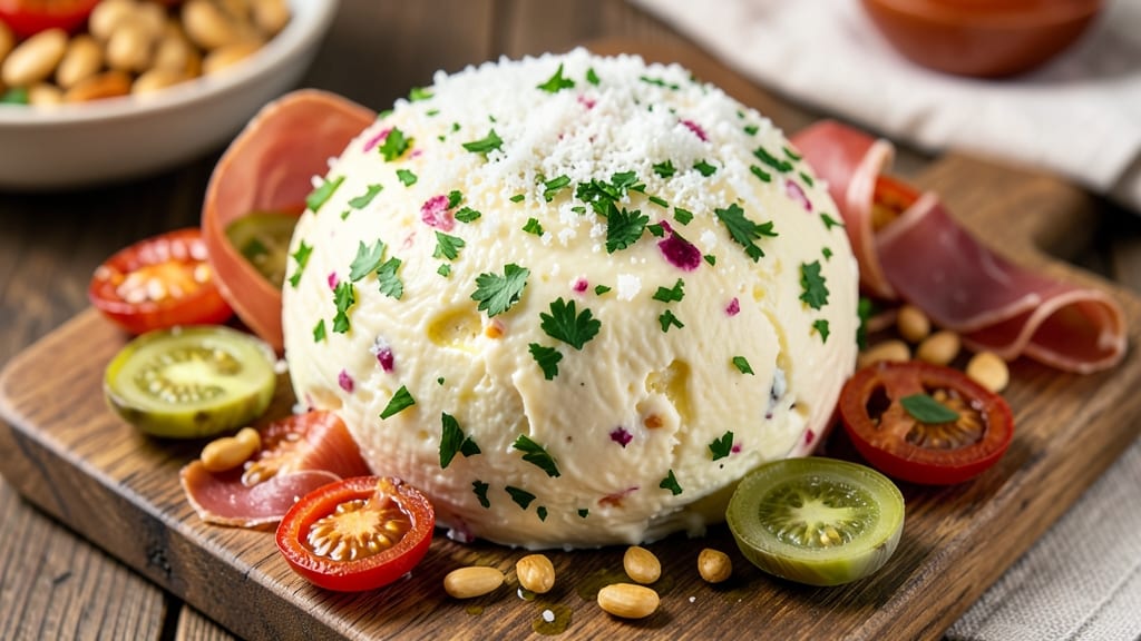 Antipasto Cheese Ball Recipe: Herbed Cream Cheese Crunch With Warm Olive Oil Drizzle
